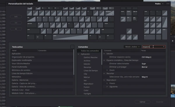 Menú de personalización del teclado de DaVinci Resolve