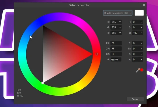 El círculo cromático del selector de color de Affinity Photo muestra los colores complementarios perfectamente